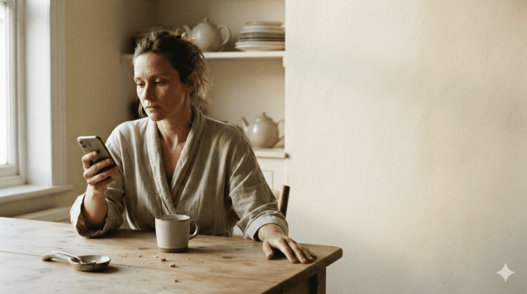 A woman alone at a kitchen table in morning light, looking at her phone with an unreadable expression