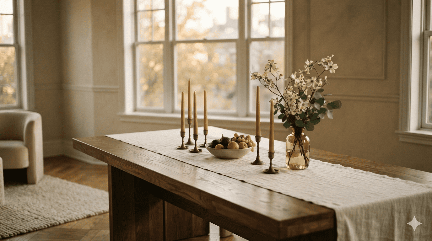 A carefully styled table set for one, arranged more for the photograph than the meal
